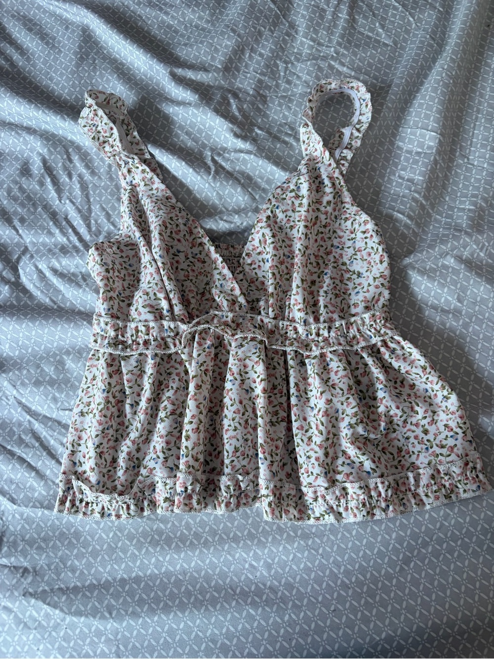 SHEIN White Floral Ruffle Peplum Cami with Pink & Green Print